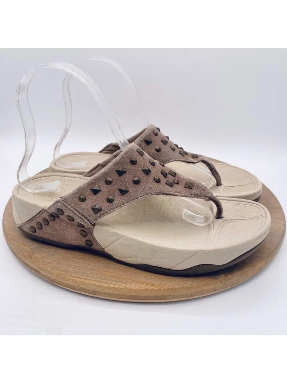 Fitflop Sandals Womens 7 38 Tan Suede Wedge Recovery Studded Flip Flop